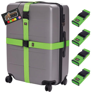 Heavy Duty 4 Pack Adjustable Luggage Straps for Suitcases, Easy to Identify Travel Belt Connector Holds Suitcase Together, Extends Life of Bag, Strap Connects Two Bags, Accessories Green