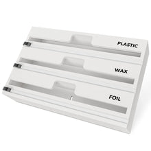 Load image into Gallery viewer, SpaceAid WrapNeat 3 in 1 Wrap Organizer with Cutter and Labels, Plastic Wrap, Aluminum Foil and Wax Bamboo Dispenser for Kitchen Storage Organization Holder for 12&quot; Roll (Natural)