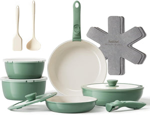 Redchef 17pcs Ceramic Pots and Pans Set Non Stick, Nonstick Kitchen Cookware Set with Detachable Handle, Non Toxic, PFAS PFOA & PTFE Free, RV Ceramic Cookware Set for Camping, Dishwasher/Oven Saf