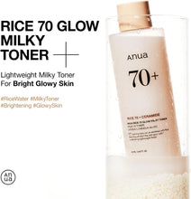 Load image into Gallery viewer, ANUA Rice 70 Glow Milky Toner, for Glass Skin, Rice Water, Niacinamide, Ceramides, Panthenol, Fragrance-Free, Non comedogenic, Fungal Acne Safe, Korean Skin Care, 250ml/8.45fl.oz.