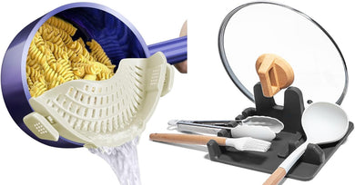 AUOON Clip On Pot Strainer and Pasta strainer and Silicone Utensil Rest,Pot lid holder with Drip Pad for Multiple Utensils,Dishwasher Safe,Heat ResistanSpoon,Rest for Stove Top,Kitchen Utensil Holder