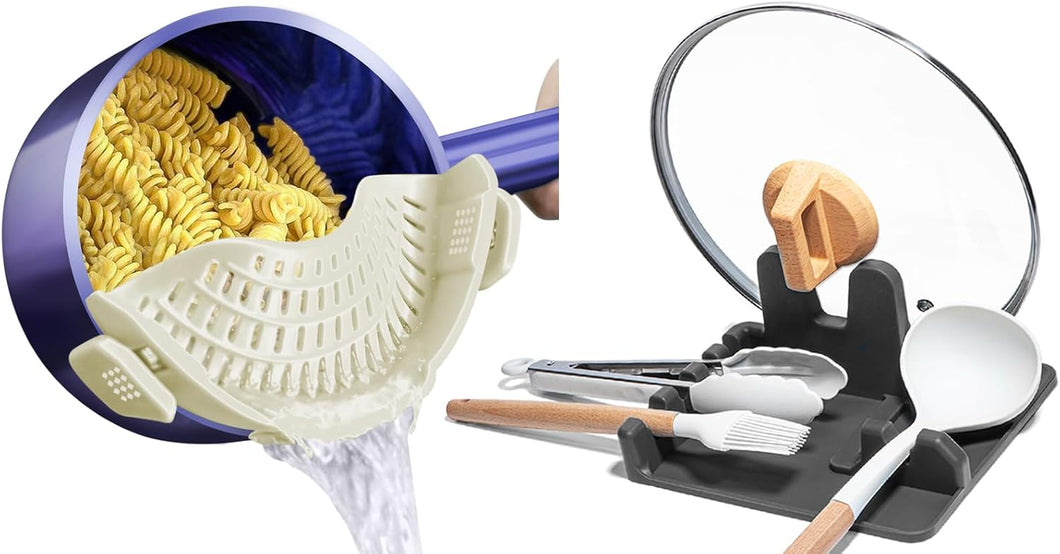 AUOON Clip On Pot Strainer and Pasta strainer and Silicone Utensil Rest,Pot lid holder with Drip Pad for Multiple Utensils,Dishwasher Safe,Heat ResistanSpoon,Rest for Stove Top,Kitchen Utensil Holder
