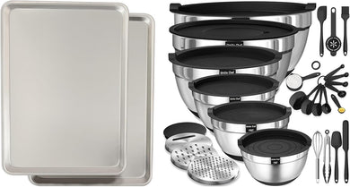 Commercial Quality Baking Sheet Pan Set, Natural Aluminum Cookie Sheet, Mixing Bowls with Airtight Lids Set,