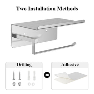 Self-Adhesive Toilet Paper Roll Holder - Wall Mount Or Adhesive Toilet Paper Holder with Shelf,Toilet Roll Holder, Tissue Holder for Bathroom,Wall Toilet Paper Holder, Stainless Steel,Chrome