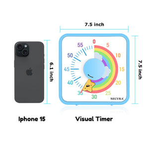 Secura 60-Minute Visual Countdown Timer, 7.5-Inch Oversize Classroom Visual Timer for Kids and Adults, Durable Mechanical Kitchen Timer Clock with Magnetic Backing (Blue)