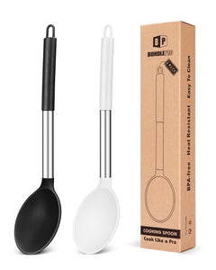 Pack of 2 Large Silicone Cooking Spoon Non Stick Solid Basting Spoons Heat-Resistant Kitchen Utensils for Mixing Serving (Gray-Blue)