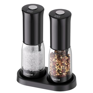 Electric Salt and Pepper Grinder Set with LED Power Display, 5-Level Grind Adjustment Easy Filling, Rechargeable Pepper Salt Mill Shakers Set Automatic with Storage Base, LED Light for Kitchen