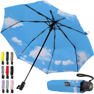 Windproof Compact Stick Umbrella for Rain, Travel One-Click Automatic Open and Close, Lightweight, Portable, Strong Reinforced Fiberglass Ribs, Easily Collapsible, Black