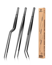 Load image into Gallery viewer, Fine Cooking Tweezers Set, Professional Stainless Steel Food Tongs, Kitchen Black Long Chef Tweezer for Cooking, Plating, Decorating and BBQ (BLACK, 10 inch)