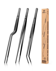 Fine Cooking Tweezers Set, Professional Stainless Steel Food Tongs, Kitchen Black Long Chef Tweezer for Cooking, Plating, Decorating and BBQ (BLACK, 10 inch)