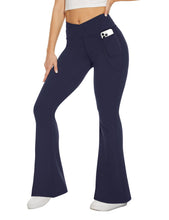 Load image into Gallery viewer, TNNZEET Black Flare Leggings for Women, Crossover Yoga Pants with Pockets Bootcut Flared Leggings
