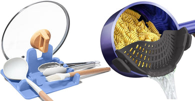 AUOON Clip On Pot Strainer and Pasta strainer and Silicone Utensil Rest,Pot lid holder with Drip Pad for Multiple Utensils,Dishwasher Safe,Heat ResistanSpoon,Rest for Stove Top,Kitchen Utensil Holder