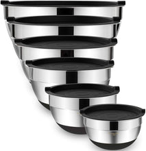 Load image into Gallery viewer, Umite Chef Mixing Bowls with Airtight Lids, 6 piece Stainless Steel Metal Nesting Storage Bowls, Non-Slip Bottoms Size 7, 3.5, 2.5, 2.0,1.5, 1QT, Great for Mixing &amp; Serving (Khaki)