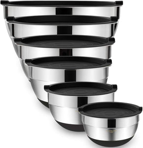 Umite Chef Mixing Bowls with Airtight Lids, 6 piece Stainless Steel Metal Nesting Storage Bowls, Non-Slip Bottoms Size 7, 3.5, 2.5, 2.0,1.5, 1QT, Great for Mixing & Serving (Khaki)