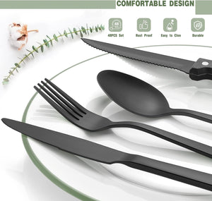 Black Silverware Set, Umit Chef 48Pcs Black Flatware Set with Steak Knives for 8, Food-Grade Stainless Steel Flatware Utensils Set, Cutlery Set for Home Kitchen and Restaurant