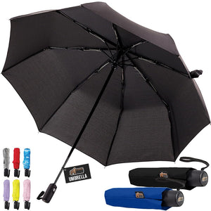 Windproof Compact Stick Umbrella for Rain, Travel One-Click Automatic Open and Close, Lightweight, Portable, Strong Reinforced Fiberglass Ribs, Easily Collapsible, Black