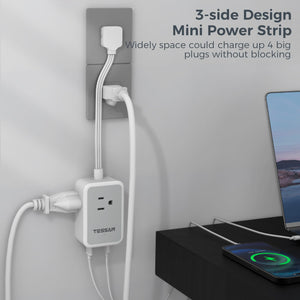 Small Flat Plug Power Strip, TESSAN Ultra Thin Extension Cord with 3 USB Wall Charger (1 USB C), 3 Outlets Mini Charging Station, 5 ft Slim Plug for Cruise Travel Office School Dorm Room Essentials