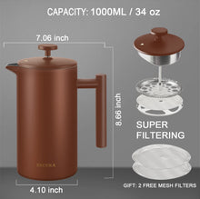 Load image into Gallery viewer, Secura French Press Coffee Maker, 304 Grade Stainless Steel Insulated Coffee Press with 2 Extra Screens, 34oz (1 Litre), Silver