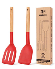 Load image into Gallery viewer, Pack of 2 Silicone Cooking Spatula, Heat Resistant Solid Turner, Non Stick Slotted Spatulas with Wooden Short Handle,Ideal Wood Kitchen Utensils Set for Frying, Baking, Flipping, Turning