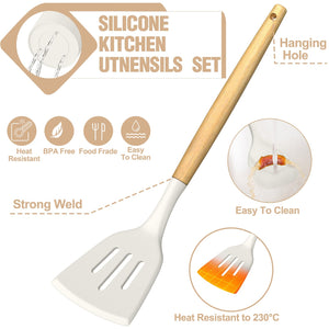 Umite Chef Silicone Kitchen Utensil Set, 34PCS Heat Resistant Kitchen Gadgets and Tools With Grater, Wood Handles for Nonstick Cookware