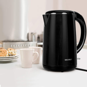 Secura Original Stainless Steel Double Wall Electric Water Kettle 1.8 Quart with Auto Shut-Off & Boil-Dry Protection, Black Onyx SWK-1701DA/HB-3227B