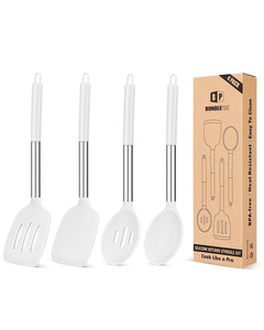 Pack of 4 Silicone Cooking Utensils Set, Non Stick Large Solid Spatulas, Heat Resistant Black Slotted Spoons, Ideal BPA Free Kitchen Turners for Frying, Mixing,Serving,Draining,Turning,Stirring
