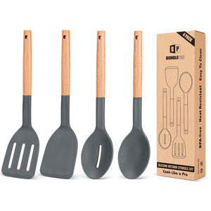 Pack of 4 Silicone Cooking Utensils Set, Non Stick Solid Spatulas and Heat Resistant Slotted Spoons with Wooden Handle, Ideal Wood Kitchen Utensils Set for Frying,Serving,Turning,Stirring (KHAKI)