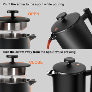 Secura French Press Coffee Maker, 304 Grade Stainless Steel Insulated Coffee Press with 2 Extra Screens, 34oz (1 Litre), Silver