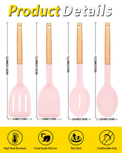 Pack of 4 Silicone Cooking Utensils Set, Non Stick Solid Spatulas and Heat Resistant Slotted Spoons with Wooden Handle, Ideal Wood Kitchen Utensils Set for Frying,Serving,Turning,Stirring (KHAKI)