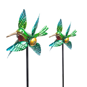 WONDER GARDEN Wind Spinners Outdoor - 2 Pack Small Metal Hummingbird Green Wind Spinner Windmill, Wind Sculpture for Yard Patio Lawn Decor