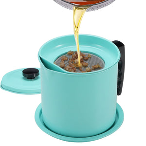 Bacon Grease Container with Fine Mesh Strainer, 1.3 L almost 6 Full Cups Iron Cooking Oil Can with Removable a Coaster Tray for Kitchen Fat Storage Black