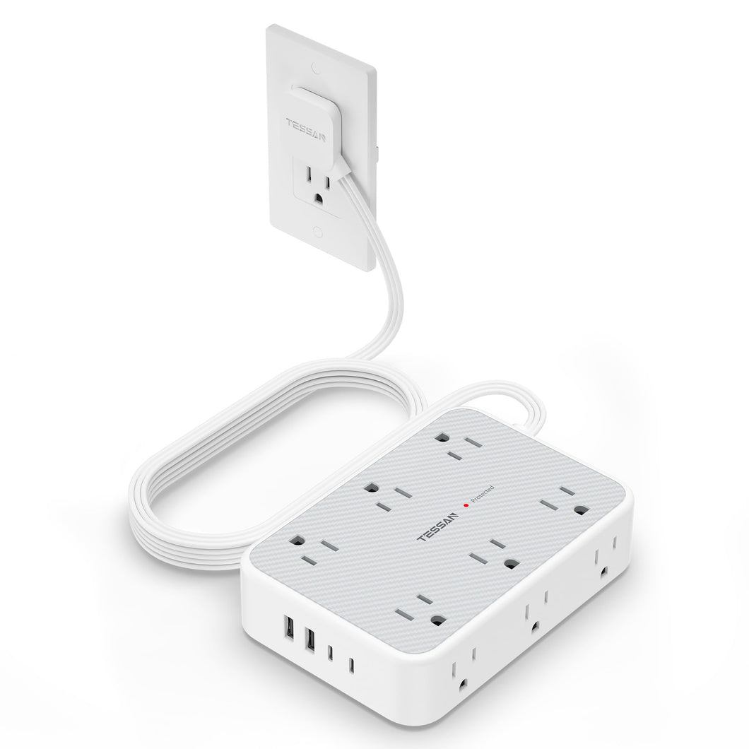 Surge Protector Power Strip, TESSAN 5FT Flat Extension Cord with Multiple Outlets, 12 Outlet Extender with 4 USB (2 USB-C), Flat Plug Power Strip, 1800J Surge Protection, Office, Dorm Essentials