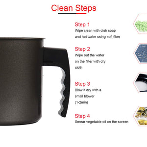 Bacon Grease Container with Fine Mesh Strainer, 1.3 L almost 6 Full Cups Iron Cooking Oil Can with Removable a Coaster Tray for Kitchen Fat Storage Black