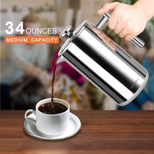 Load image into Gallery viewer, Secura French Press Coffee Maker, 304 Grade Stainless Steel Insulated Coffee Press with 2 Extra Screens, 34oz (1 Litre), Silver