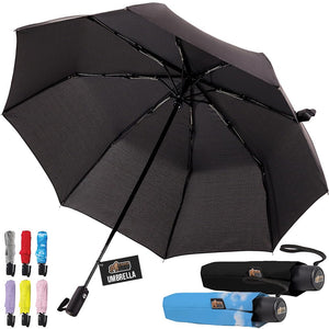 Windproof Compact Stick Umbrella for Rain, Travel One-Click Automatic Open and Close, Lightweight, Portable, Strong Reinforced Fiberglass Ribs, Easily Collapsible, Black