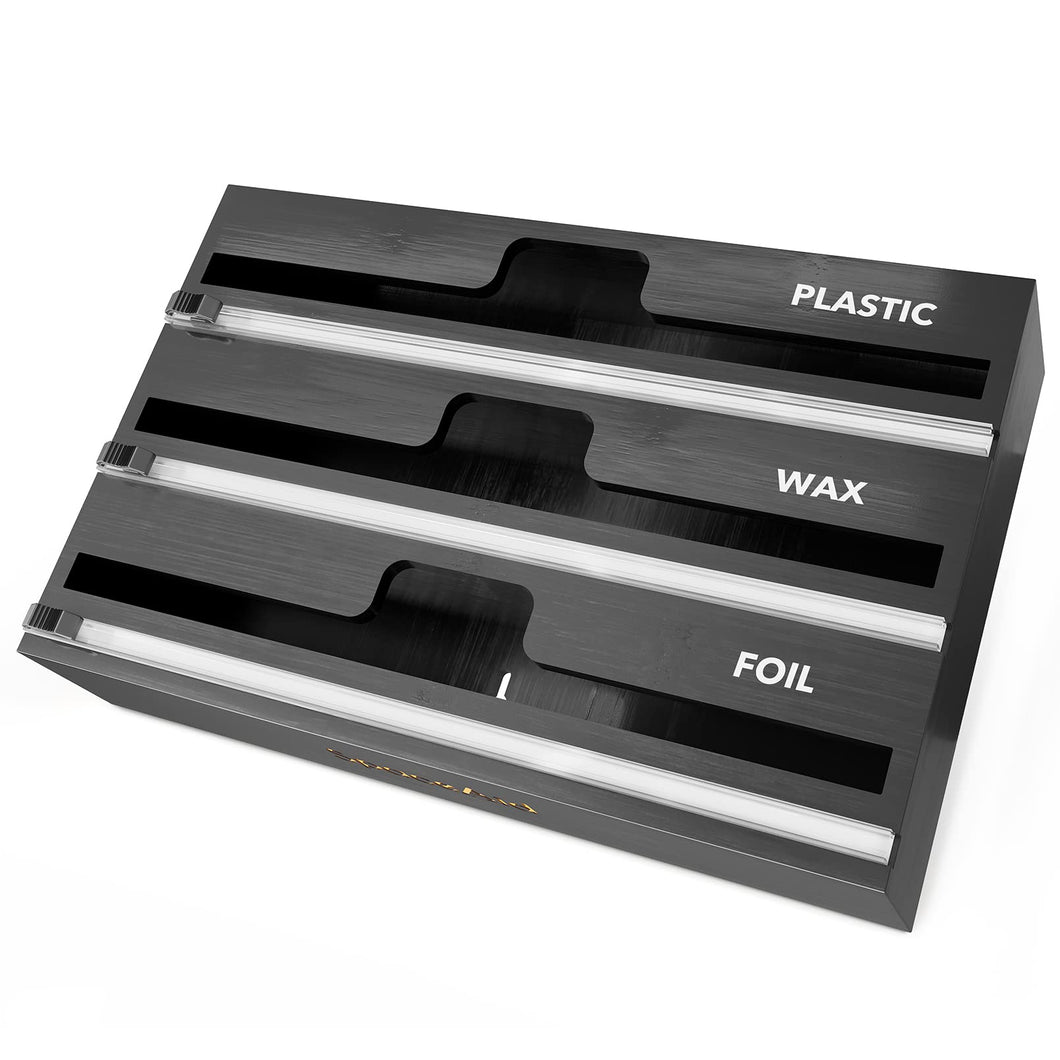 SpaceAid WrapNeat 3 in 1 Wrap Organizer with Cutter and Labels, Plastic Wrap, Aluminum Foil and Wax Bamboo Dispenser for Kitchen Storage Organization Holder for 12