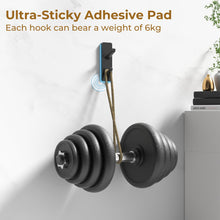 Load image into Gallery viewer, Self-Adhesive Wall Hooks - 4 Pack, Black Metal Coat &amp; Towel Hooks for Hanging: Hold 13 LB, Ideal for Bathrooms, Shower, Kitchen &amp; Doors