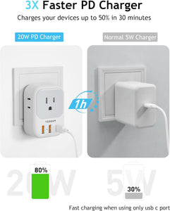 USB Charger Block, TESSAN Wall Plug Adapter with Electrical 4 Box Splitter 3 USB Wall Charger Ports, Multi Plug Outlet Extender Charging for Cruise, Travel, Office, Dorm Essentials