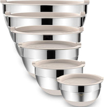 Load image into Gallery viewer, Umite Chef Mixing Bowls with Airtight Lids, 6 piece Stainless Steel Metal Nesting Storage Bowls, Non-Slip Bottoms Size 7, 3.5, 2.5, 2.0,1.5, 1QT, Great for Mixing &amp; Serving (Khaki)
