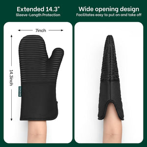 Beneno Non-Slip Silicone Textured Cotton Oven Mitts, Heat Resistant up to 500° F, Flexible Grip with 14.3"x7" Longer Protection, Durable 100% Cotton Oven Mitts for Kitchen & Barbecue, 2-Pack, Black