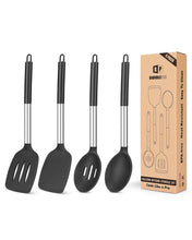 Load image into Gallery viewer, Pack of 4 Silicone Cooking Utensils Set, Non Stick Large Solid Spatulas, Heat Resistant Black Slotted Spoons, Ideal BPA Free Kitchen Turners for Frying, Mixing,Serving,Draining,Turning,Stirring