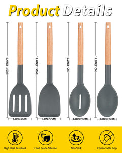 Pack of 4 Silicone Cooking Utensils Set, Non Stick Solid Spatulas and Heat Resistant Slotted Spoons with Wooden Handle, Ideal Wood Kitchen Utensils Set for Frying,Serving,Turning,Stirring (KHAKI)