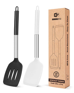 Pack of 2 Silicone Solid Turner, Non Stick Slotted Kitchen Spatulas, High Heat Resistant BPA Free Cooking Utensils, Ideal Cookware for Fish, Eggs, Pancakes(Black)