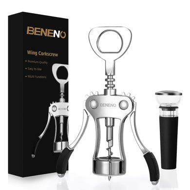 Beneno Wine Opener, Zinc Alloy Premium Wing Corkscrew with Multifunctional Bottles Opener, Sharp Wine Corkscrew with Ergonomic Non-Slip Wing Handle, Upgrade