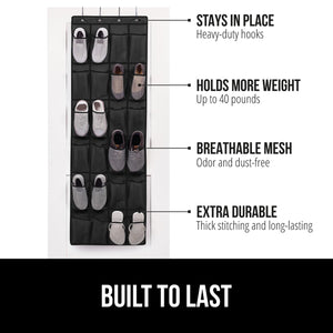 Over the Door Shoe Organizer, 24 Large Breathable Mesh Pockets, Space Saving Hanging Storage Holder, Closet Rack Hanger Holds Up to 40 lbs, Hangs on Closets for Shoes, Accessories, Black