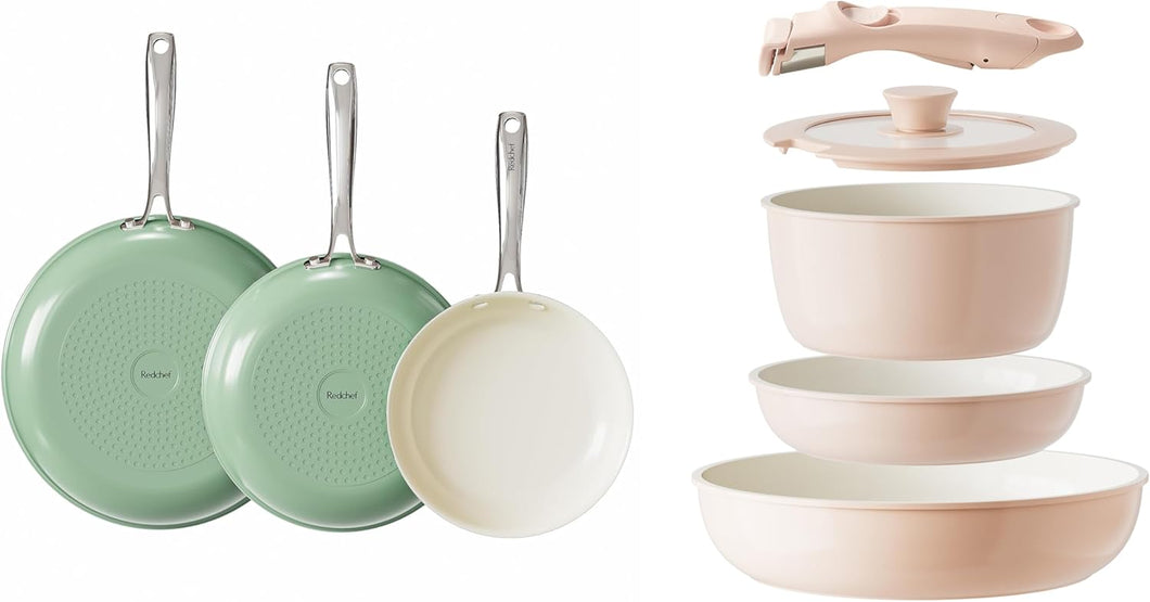 Redchef Ceramic Pots and Pans Set Non Stick, Nonstick Kitchen Cookware Sets, Non Toxic Pots and Pans Set Non Stick, PFAS PFOA & PTFE Free, Nonstick Frying Pans Set, Ceramic Pan Skillet, RV Cookware