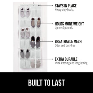 Over the Door Shoe Organizer, 24 Large Breathable Mesh Pockets, Space Saving Hanging Storage Holder, Closet Rack Hanger Holds Up to 40 lbs, Hangs on Closets for Shoes, Accessories, Black