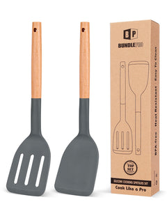 Pack of 2 Silicone Cooking Spatula, Heat Resistant Solid Turner, Non Stick Slotted Spatulas with Wooden Short Handle,Ideal Wood Kitchen Utensils Set for Frying, Baking, Flipping, Turning
