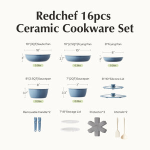 Redchef Ceramic Pots and Pans Set, Nonstick Kitchen Cookware Set with Detachable Handle, Non Toxic Cookware Set 16pcs, PFAS PFOA & PTFE Free, RV Ceramic Cookware for Camping, Dishwasher/Oven Safe