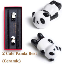 Load image into Gallery viewer, HauSun 2 Pairs Chopsticks and Chopstick Rest Gift Set- Dishwasher Safe Reusable Fiber Glass Chopsticks + Porcelain Cute Panda Chopstick Holder, Non-slip Chinese Japanese Style Chopsticks Set, Black